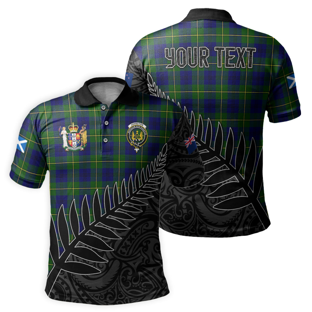 johnston-modern-tartan-family-crest-golf-shirt-with-fern-leaves-and-coat-of-arm-of-new-zealand-personalized-your-name-scottish-tatan-polo-shirt