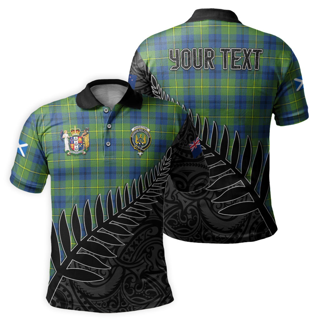 johnstone-ancient-tartan-family-crest-golf-shirt-with-fern-leaves-and-coat-of-arm-of-new-zealand-personalized-your-name-scottish-tatan-polo-shirt