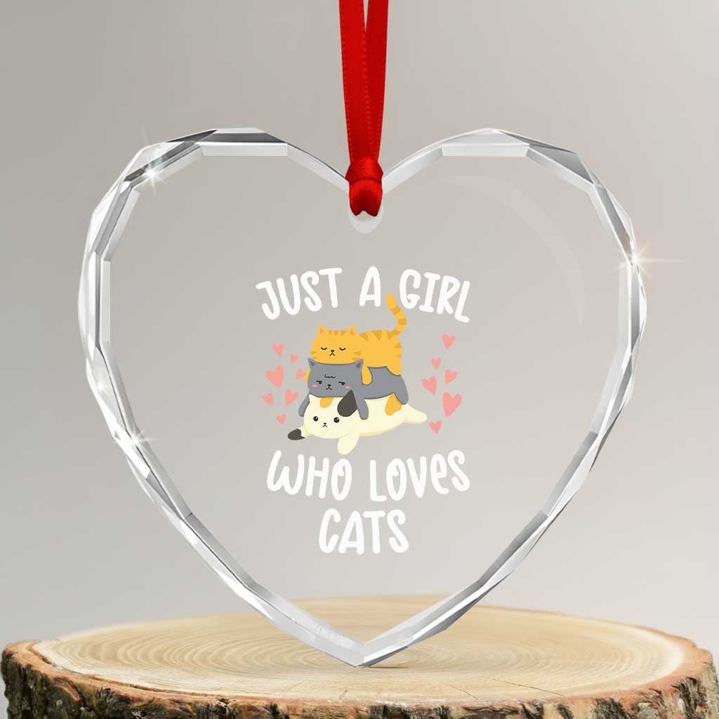 Just A Girl Who Loves Cats Heart Crystal Glass Ornament Cute Kittens Pet Lover - Wonder Print Shop