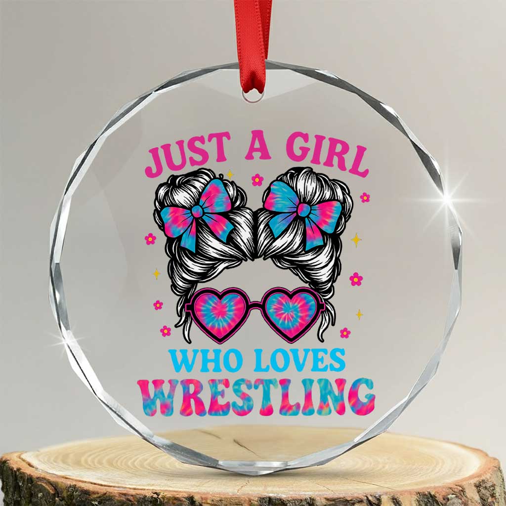 Just A Girl Who Loves Wrestling Crystal Glass Ornament Funny Wrestle Lover Wrestler Messy Bun - Wonder Print Shop