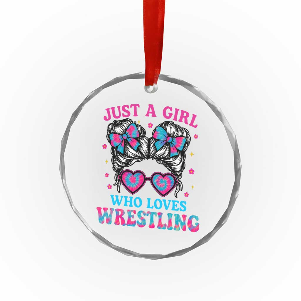 Just A Girl Who Loves Wrestling Crystal Glass Ornament Funny Wrestle Lover Wrestler Messy Bun - Wonder Print Shop