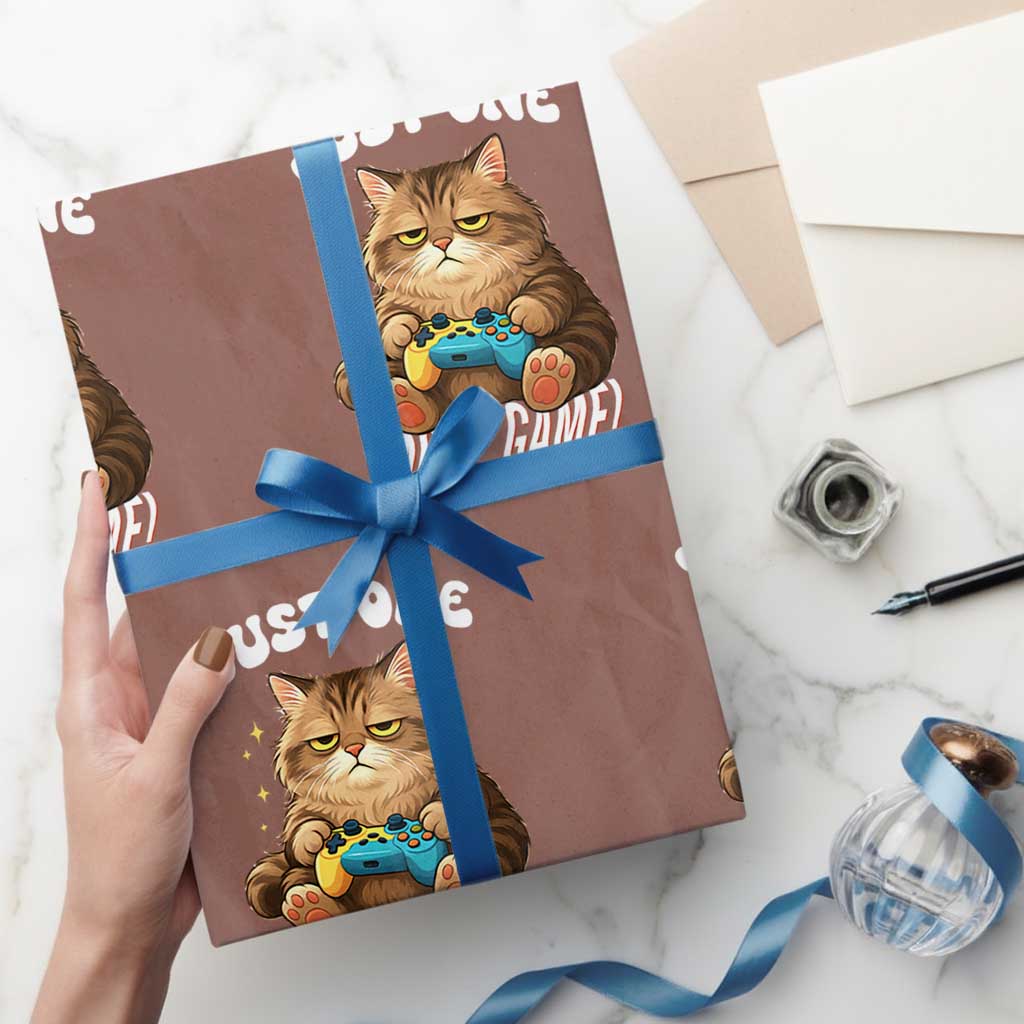 Just One More Game Wrapping Paper Roll Funny Lazy Cat Playing Video Game - Wonder Print Shop