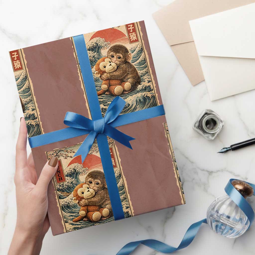 Kawaii Baby Monkey Punch Wrapping Paper Roll Vintage Japanese Graphic Cute Macaque Ukiyo-e