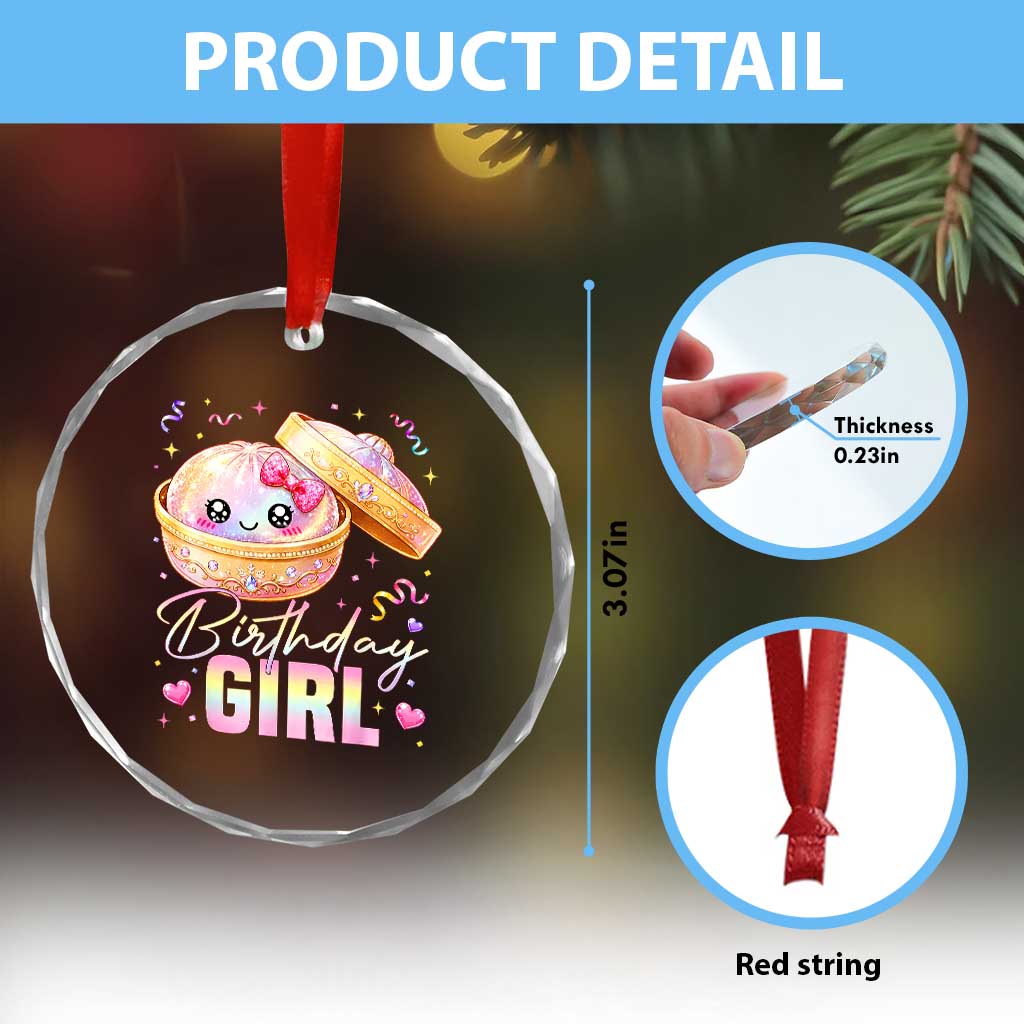 Kawaii Birthday Girl Glitter Dumpling Graphic Crystal Glass Ornament Cute Pink Bow Dim Sum Party Gift