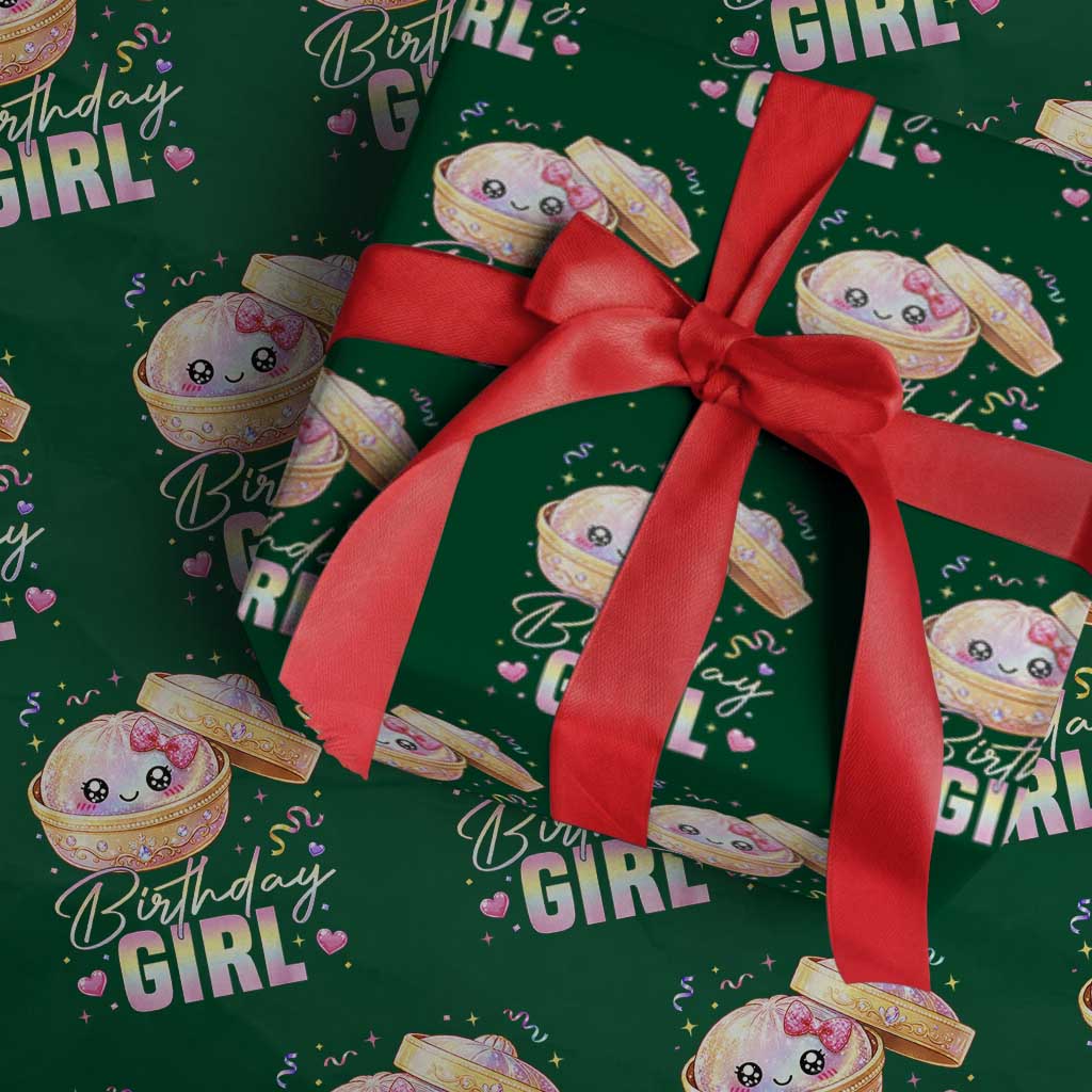 Kawaii Birthday Girl Glitter Dumpling Graphic Wrapping Paper Roll Cute Pink Bow Dim Sum Party Gift