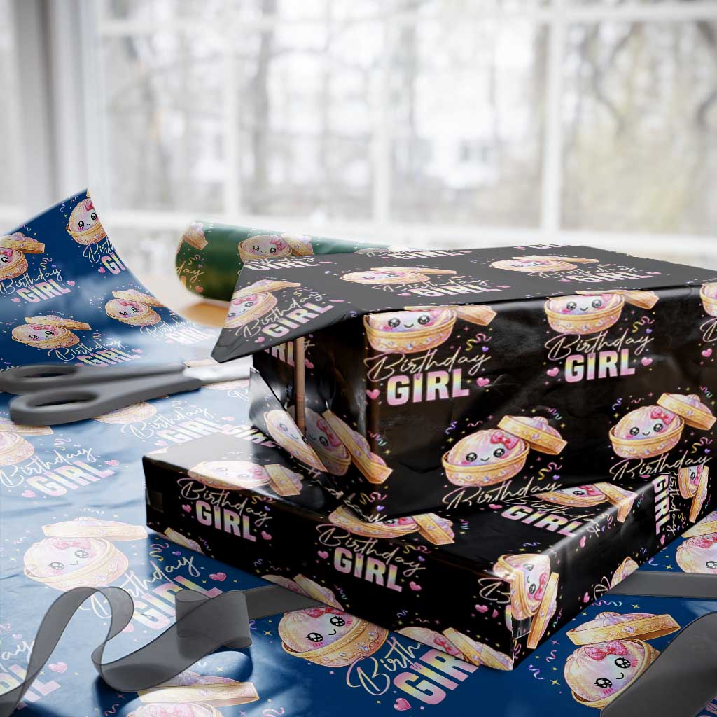 Kawaii Birthday Girl Glitter Dumpling Graphic Wrapping Paper Roll Cute Pink Bow Dim Sum Party Gift