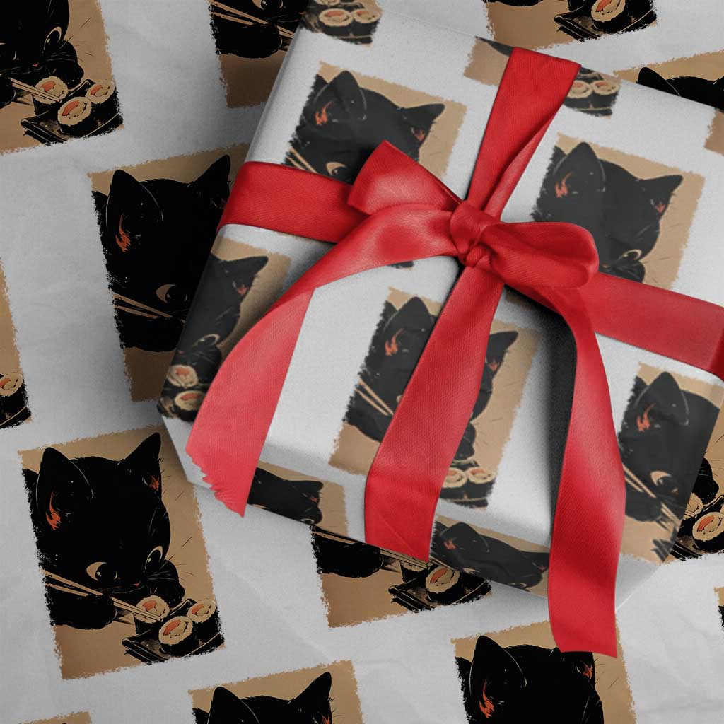 Kawaii Cat Eating Sushi Wrapping Paper Roll Japanese Anime Manga Otaku Retro Vintage Graphic