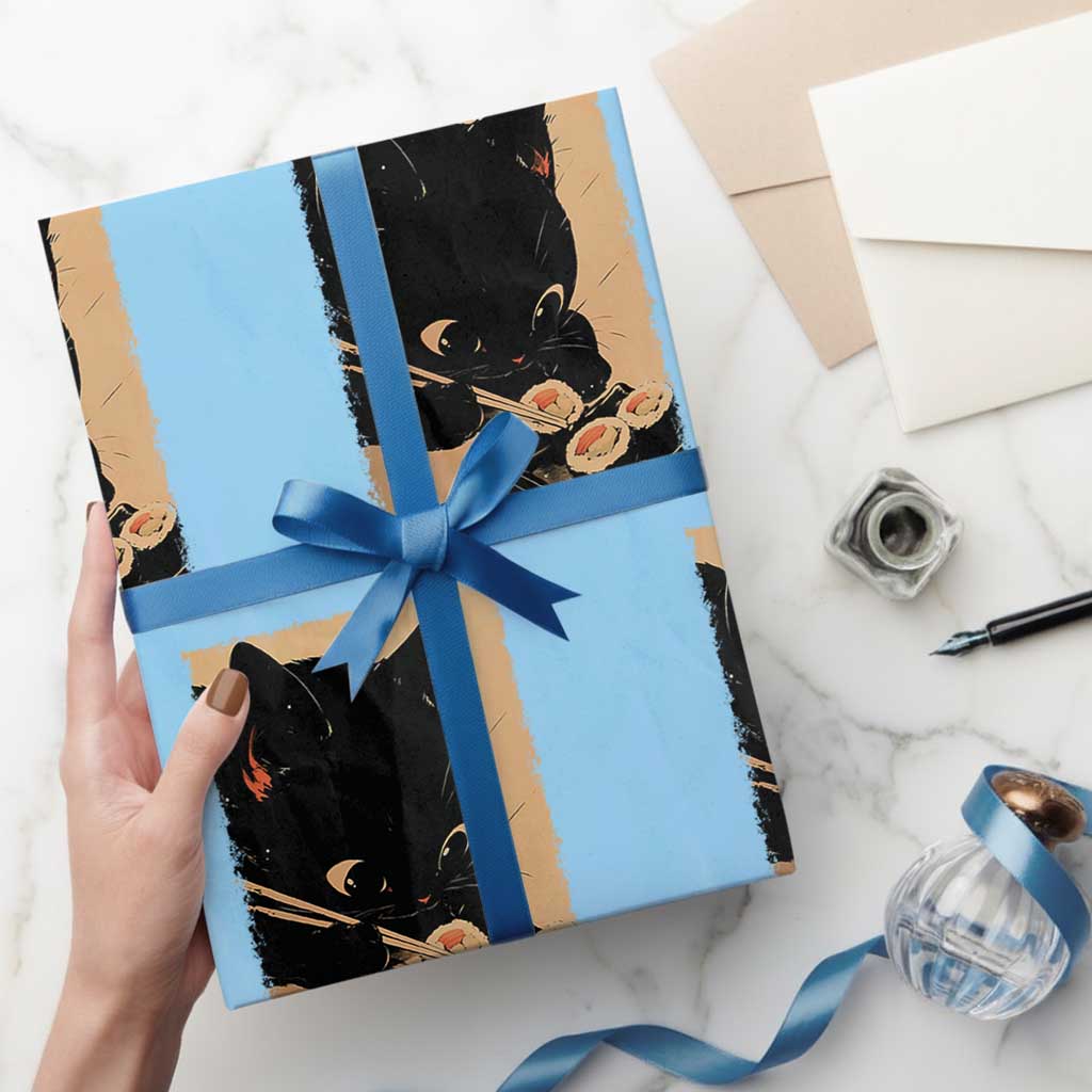 Kawaii Cat Eating Sushi Wrapping Paper Roll Japanese Anime Manga Otaku Retro Vintage Graphic