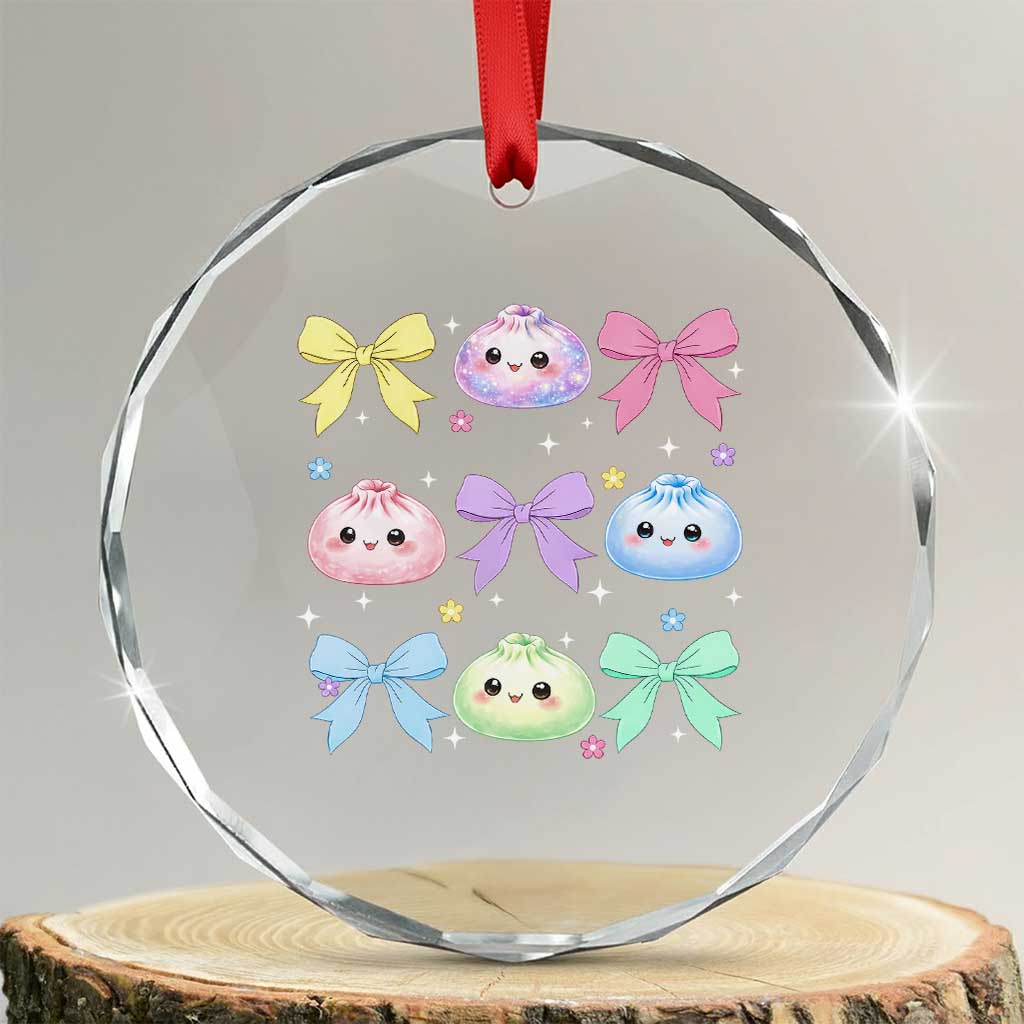 Kawaii Dumpling and Bows Aesthetic Graphic Crystal Glass Ornament Cute Pastel Bao Dim Sum Coquette Aesthetic