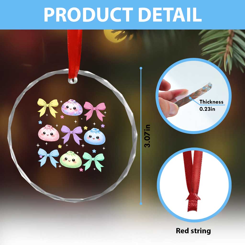 Kawaii Dumpling and Bows Aesthetic Graphic Crystal Glass Ornament Cute Pastel Bao Dim Sum Coquette Aesthetic