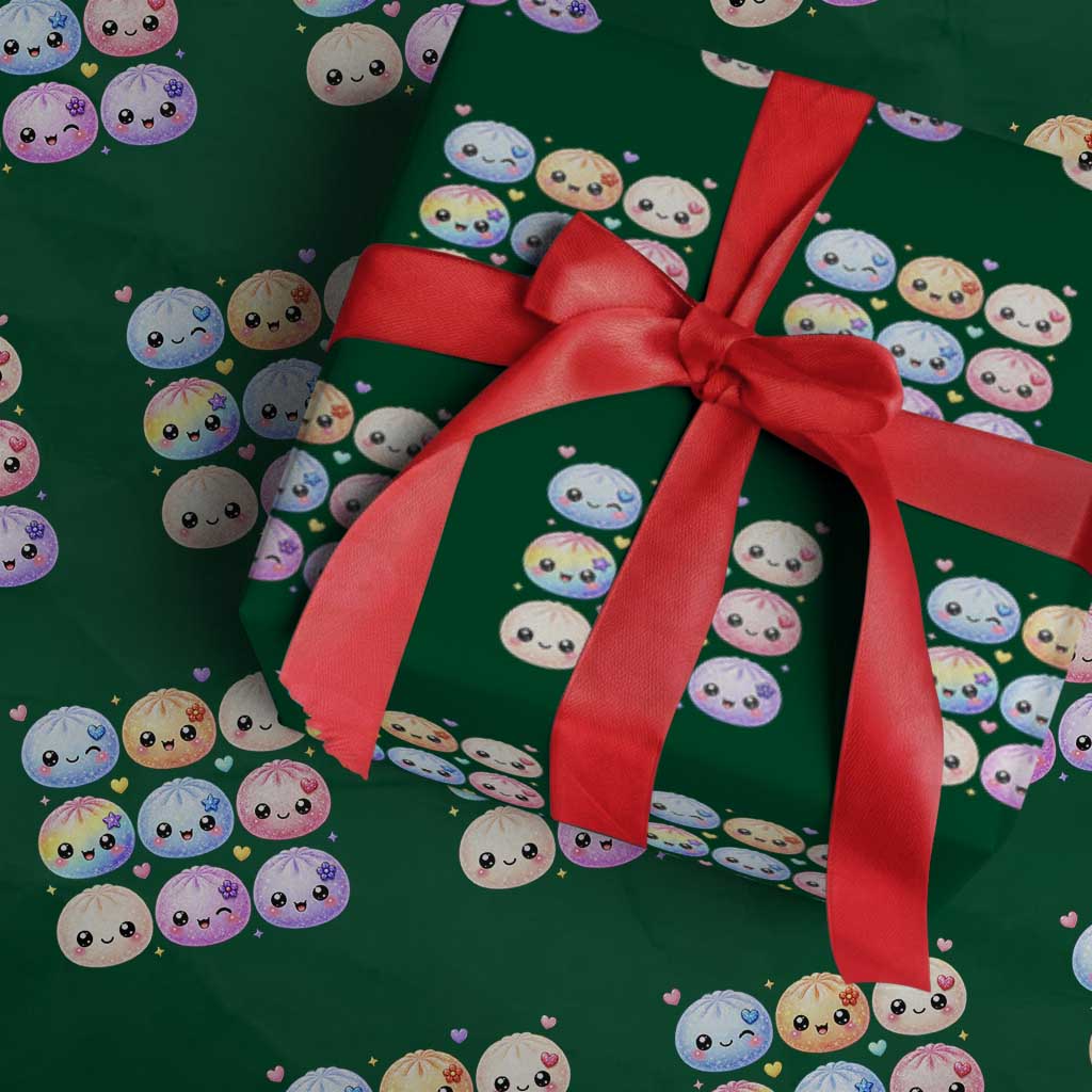 Kawaii Glitter Dumpling Bao Dim Sum Graphic Wrapping Paper Roll Cute Pastel Foodie Squishy Hearts and Flowers