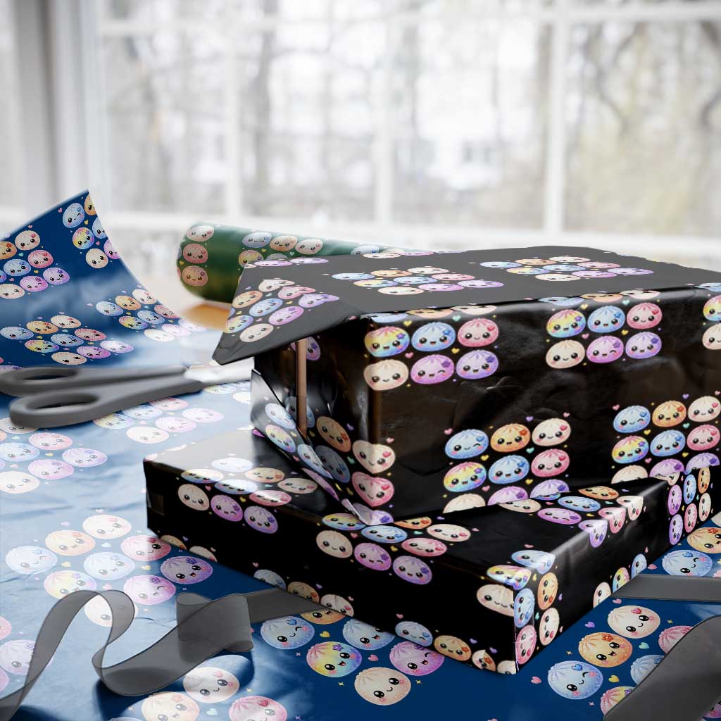 Kawaii Glitter Dumpling Bao Dim Sum Graphic Wrapping Paper Roll Cute Pastel Foodie Squishy Hearts and Flowers