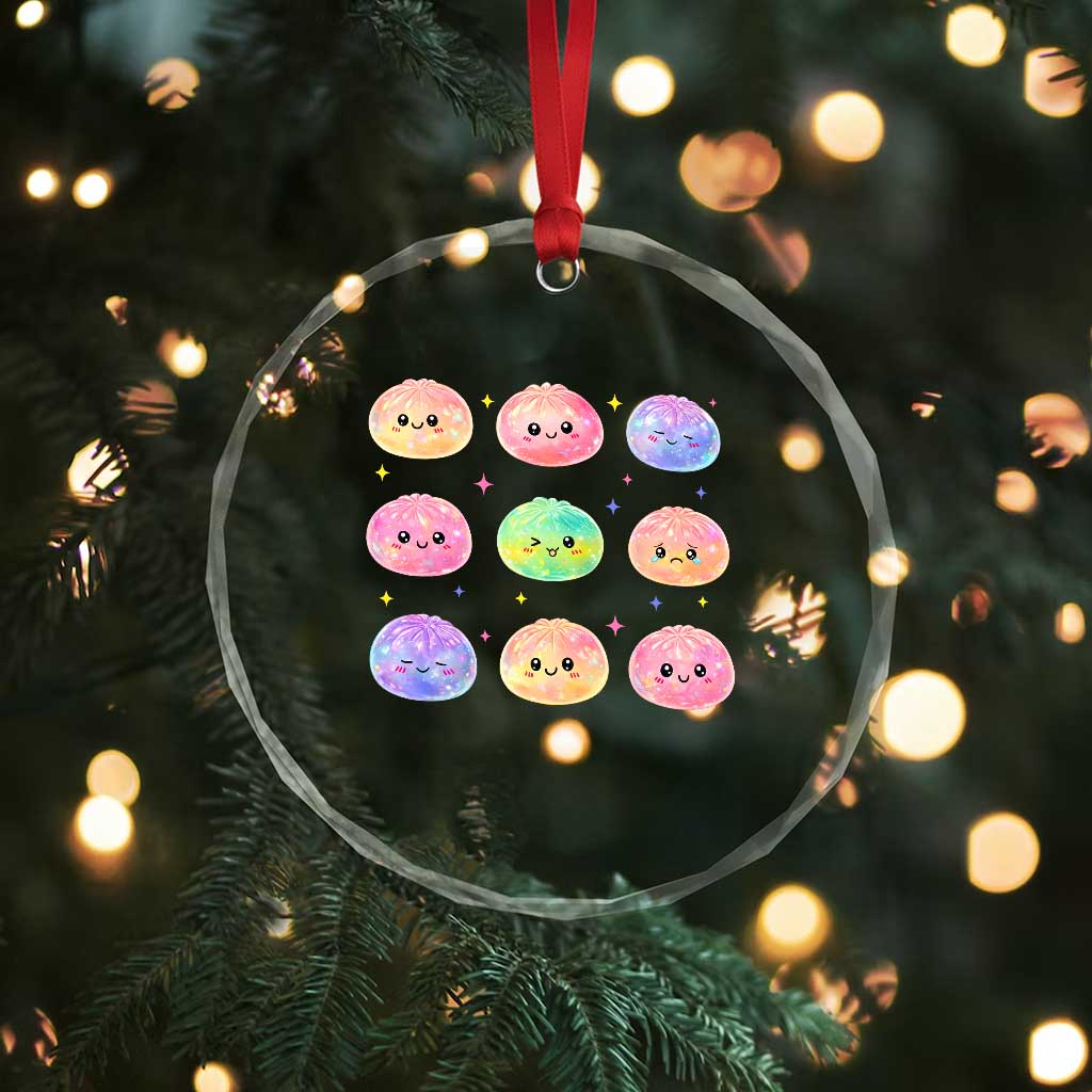 Kawaii Glitter Dumpling Face Grid Graphic Crystal Glass Ornament Cute Pastel Bao Emoji Expressions