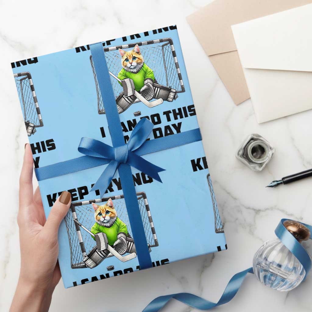 Keep Trying I Can Do This All Day Wrapping Paper Roll Funny Hockey Goalie Cat Gift - Wonder Print Shop