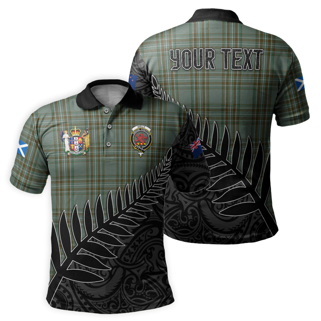 kelly-dress-tartan-family-crest-golf-shirt-with-fern-leaves-and-coat-of-arm-of-new-zealand-personalized-your-name-scottish-tatan-polo-shirt