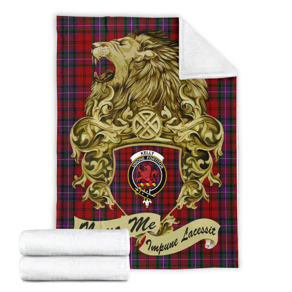 kelly-of-sleat-red-tartan-premium-blanket-motto-nemo-me-impune-lacessit-with-vintage-lion-family-crest-tartan-plaid-blanket-vintage-style