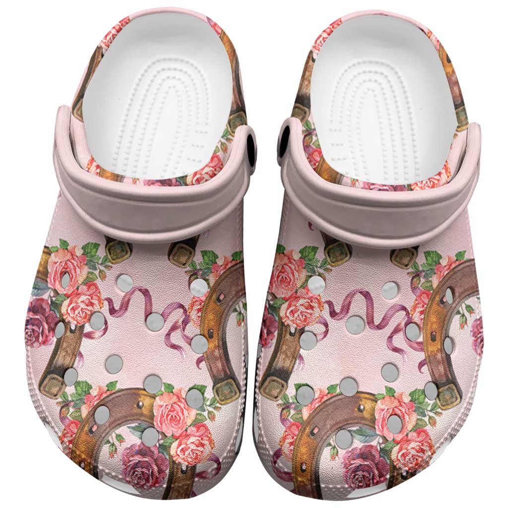 Kentucky Lucky Horseshoe Floral Clogs Shoes Vintage Western Pattern