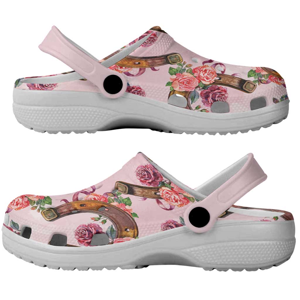 Kentucky Lucky Horseshoe Floral Clogs Shoes Vintage Western Pattern