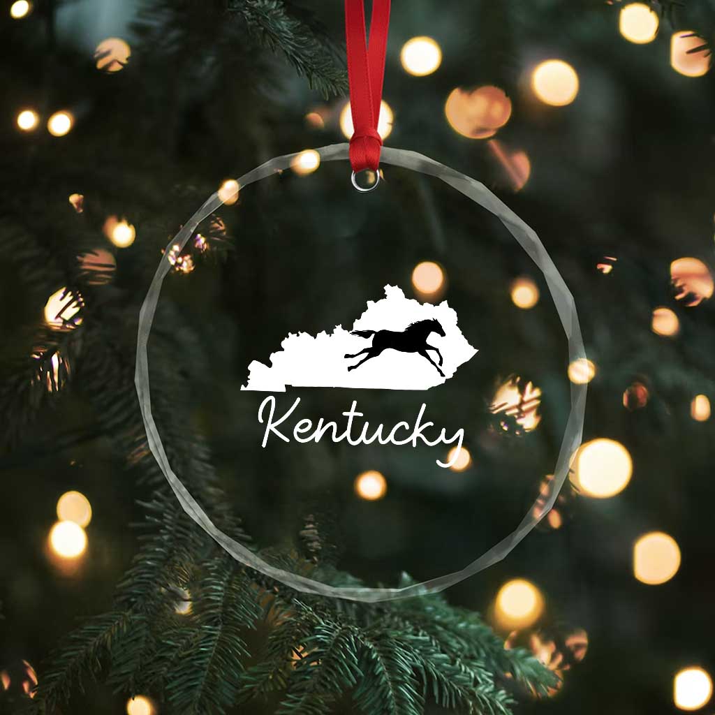 Kentucky State Map with Racing Horse Crystal Glass Ornament Bluegrass State Pride Equestrian