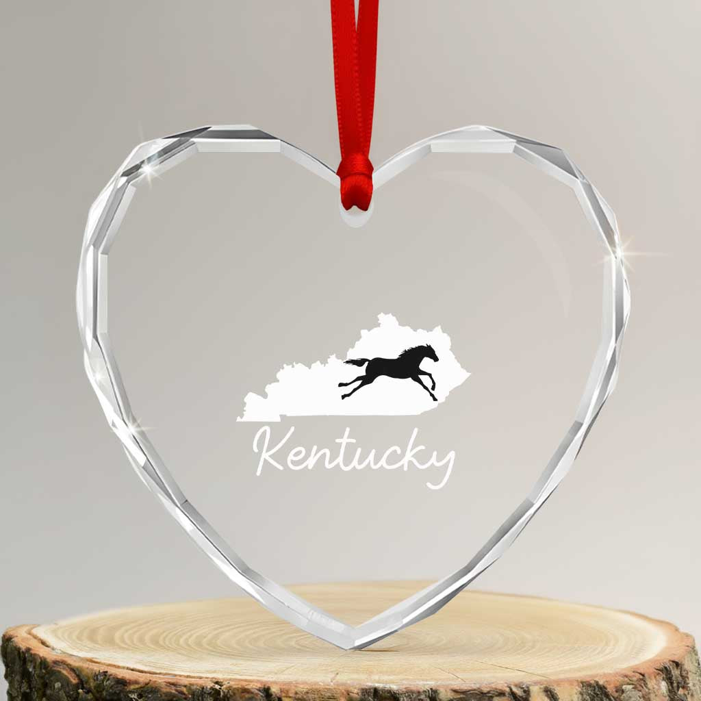 Kentucky State Map with Racing Horse Heart Crystal Glass Ornament Bluegrass State Pride Equestrian