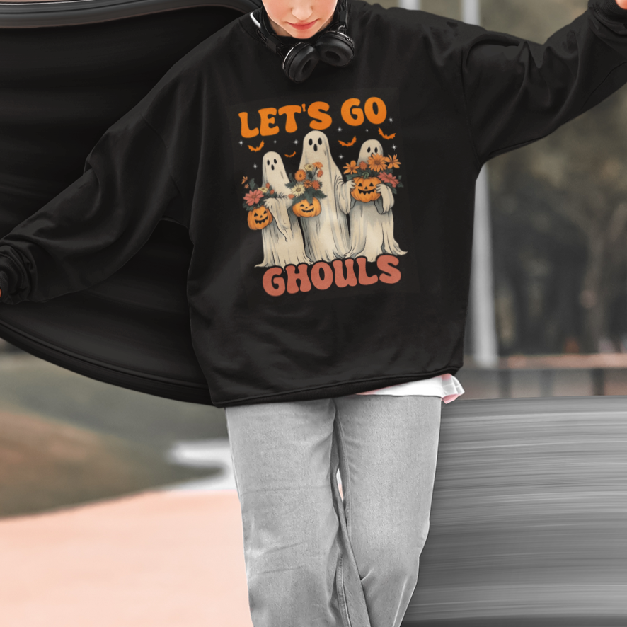 Ghost Halloween Costume Sweatshirt Let's Go Ghouls Retro Boo Sheet - Wonder Print Shop