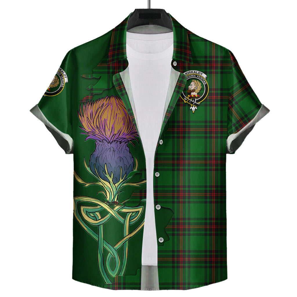 kirkaldy-tartan-plaid-short-sleeve-button-down-shirt-tartan-crest-with-thistle-and-scotland-map-short-sleeve-button-shirt