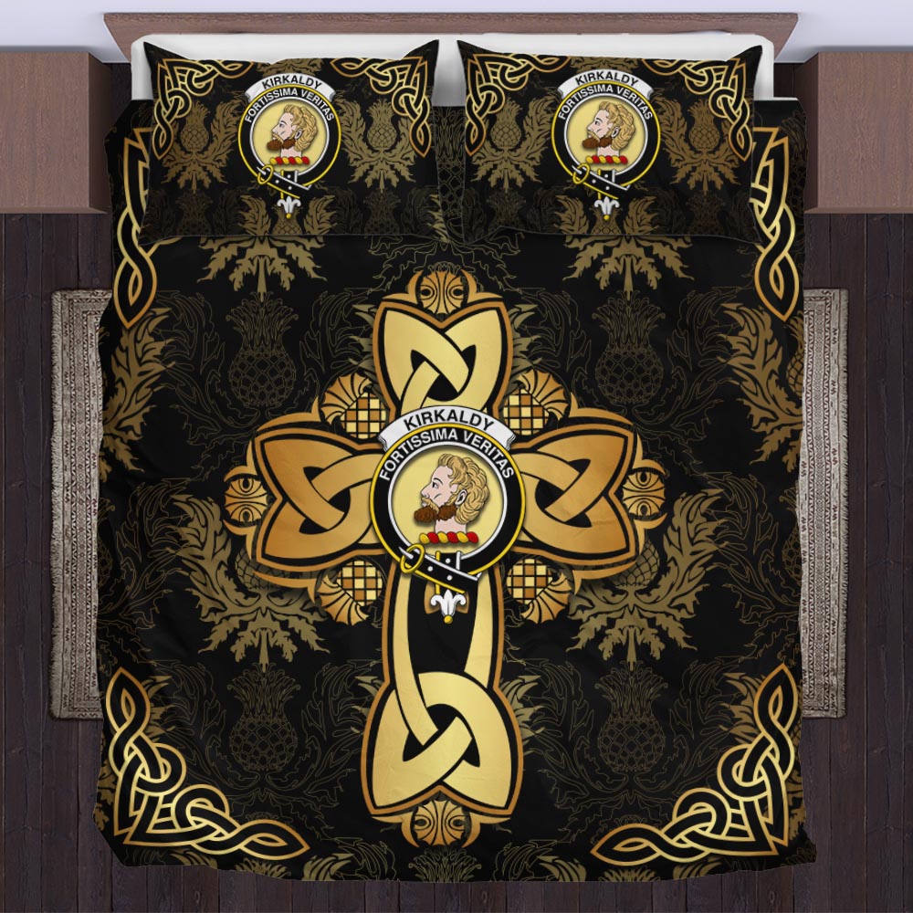 kirkaldy-clan-crest-golden-celtic-cross-thistle-style-bedding-set