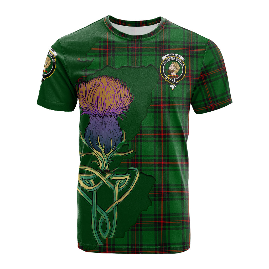 kirkaldy-tartan-family-crest-t-shirt-tartan-plaid-with-thistle-and-scotland-map-t-shirt
