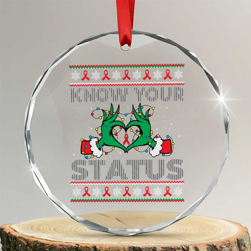 Know Your Status HIV Awareness Gift Crystal Glass Ornament Ugly Sweater Green Hand Red Ribbon - Wonder Print Shop