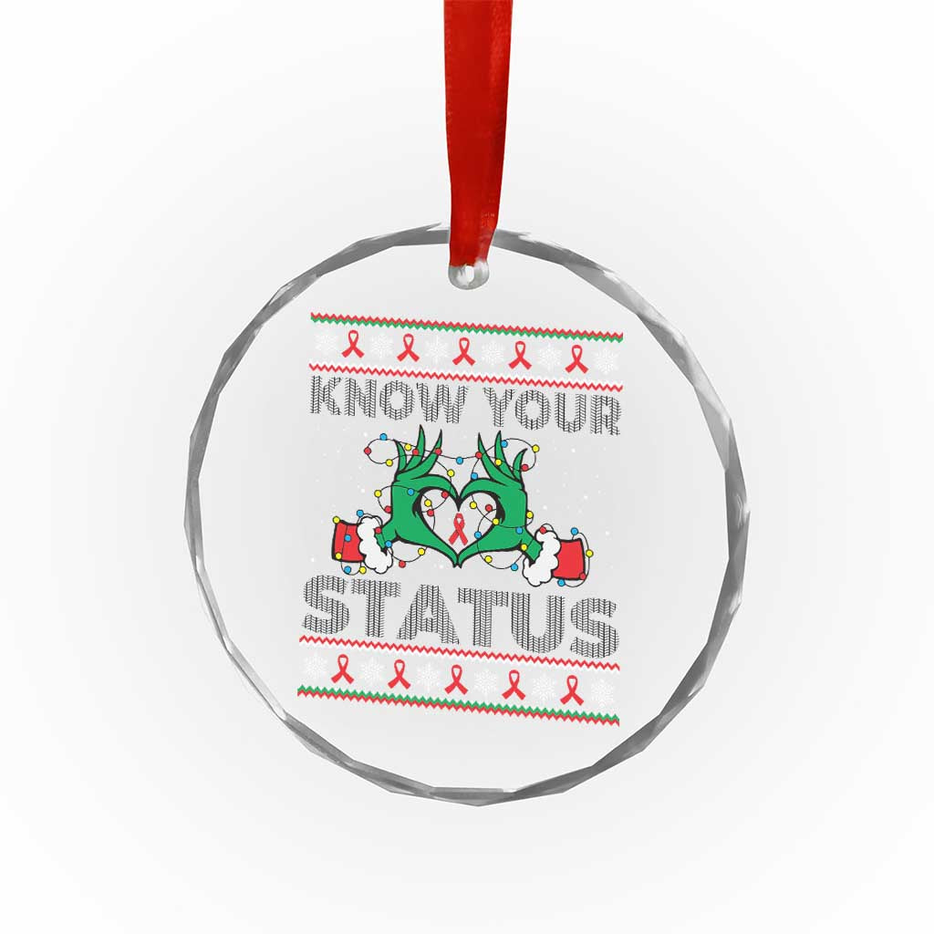 Know Your Status HIV Awareness Gift Crystal Glass Ornament Ugly Sweater Green Hand Red Ribbon - Wonder Print Shop