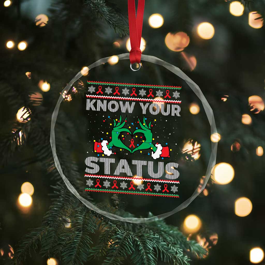 Know Your Status HIV Awareness Gift Crystal Glass Ornament Ugly Sweater Green Hand Red Ribbon - Wonder Print Shop