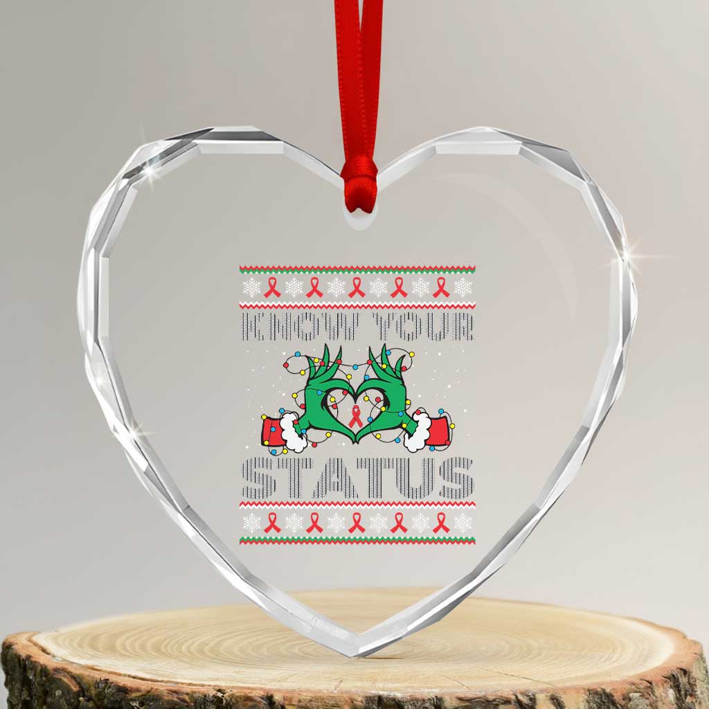 Know Your Status HIV Awareness Gift Heart Crystal Glass Ornament Ugly Sweater Green Hand Red Ribbon - Wonder Print Shop