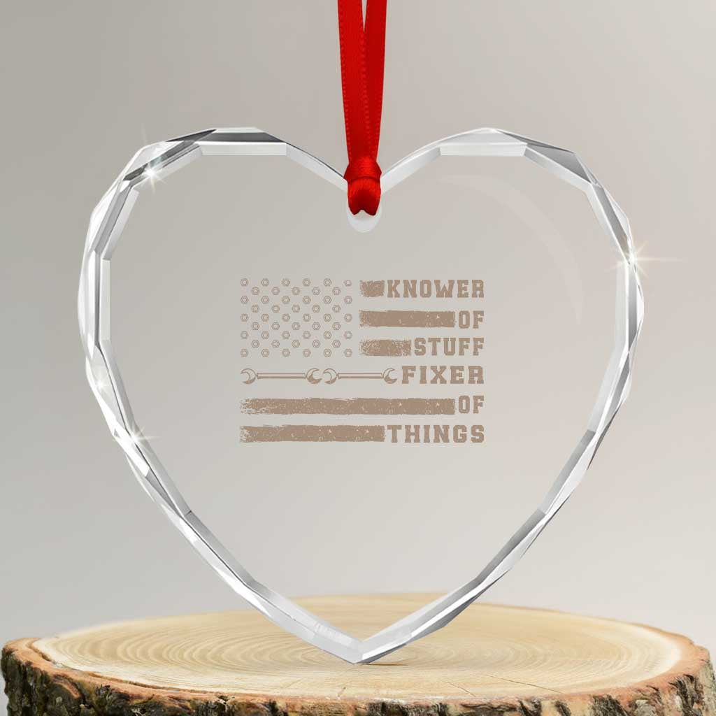Knower Of Stuff Fixer Of Things Heart Crystal Glass Ornament Funny Handyman Dad Husband Vintage American Flag
