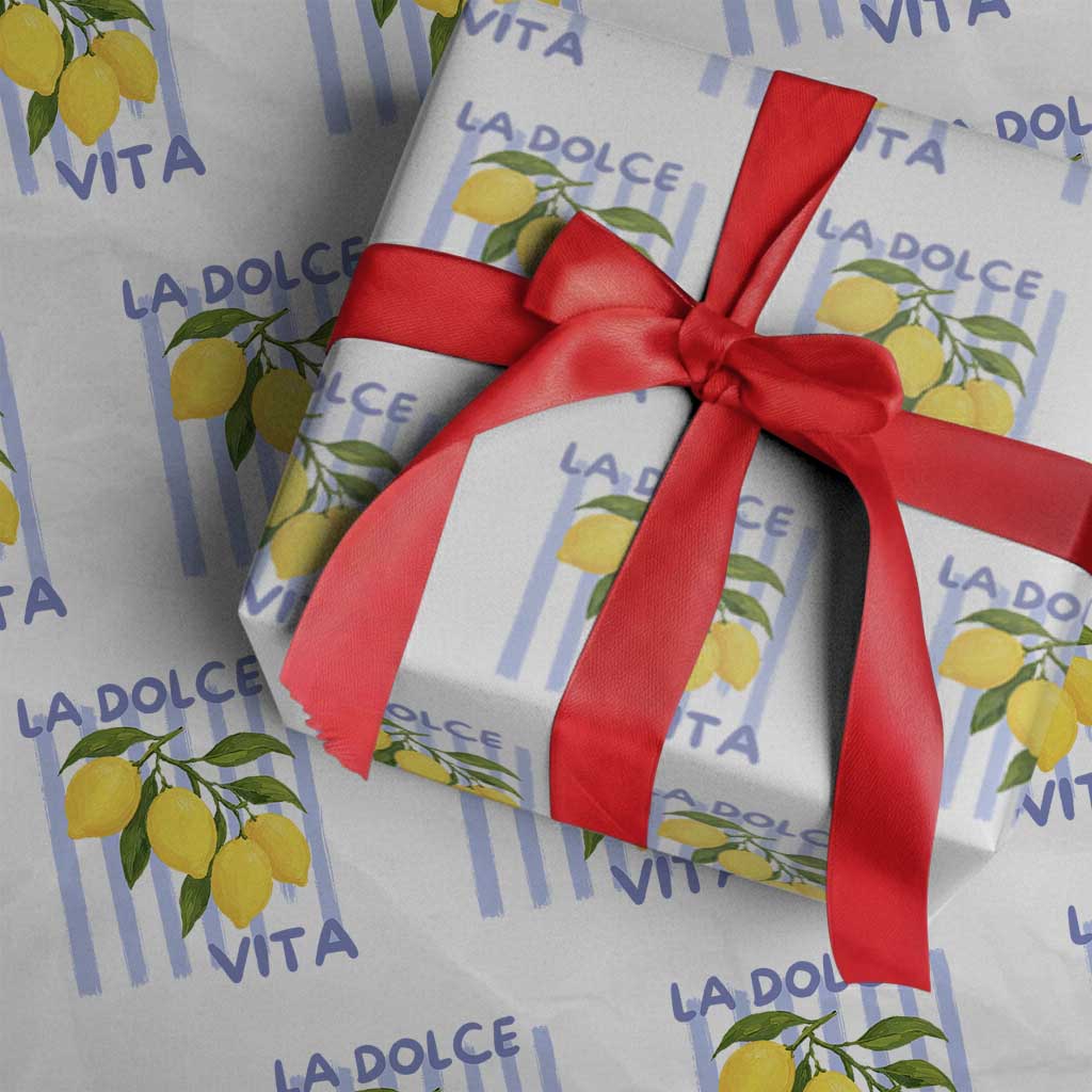 La Dolce Vita Lemon Italian Summer Wrapping Paper Roll Blue Striped