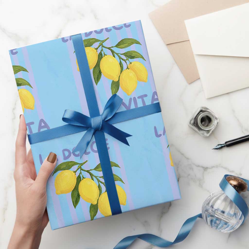 La Dolce Vita Lemon Italian Summer Wrapping Paper Roll Blue Striped