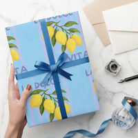 La Dolce Vita Lemon Italian Summer Wrapping Paper Roll Blue Striped