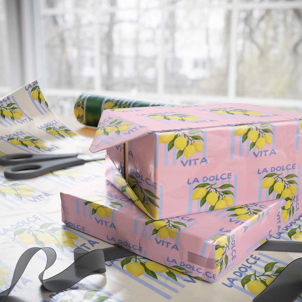 La Dolce Vita Lemon Italian Summer Wrapping Paper Roll Blue Striped