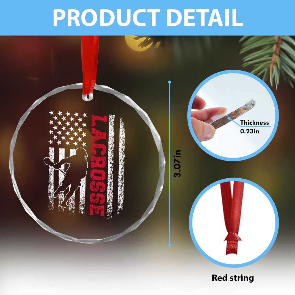 Lacrosse American Flag Lax Men 4th of July Crystal Glass Ornament