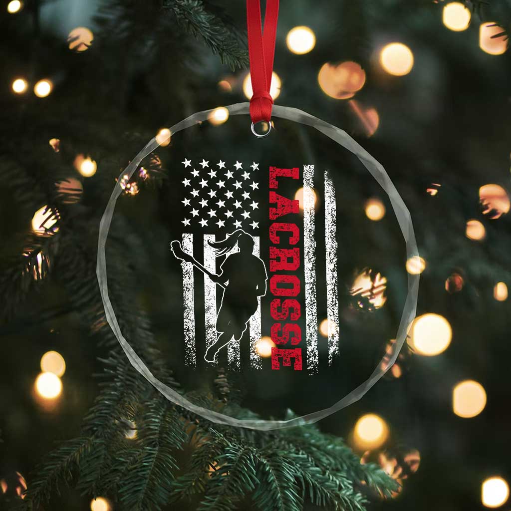 Lacrosse American Flag Lax Women 4th of July Crystal Glass Ornament