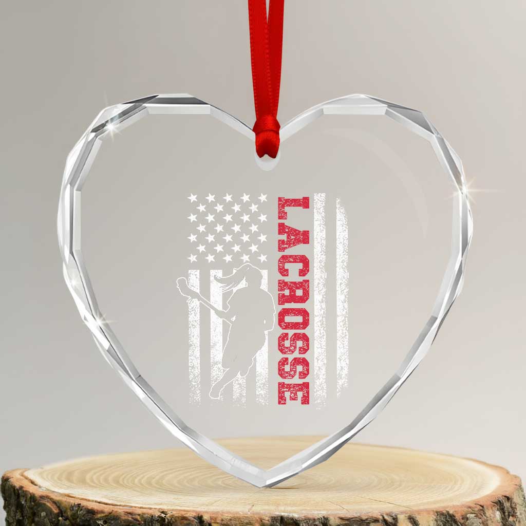 Lacrosse American Flag Lax Women 4th of July Heart Crystal Glass Ornament
