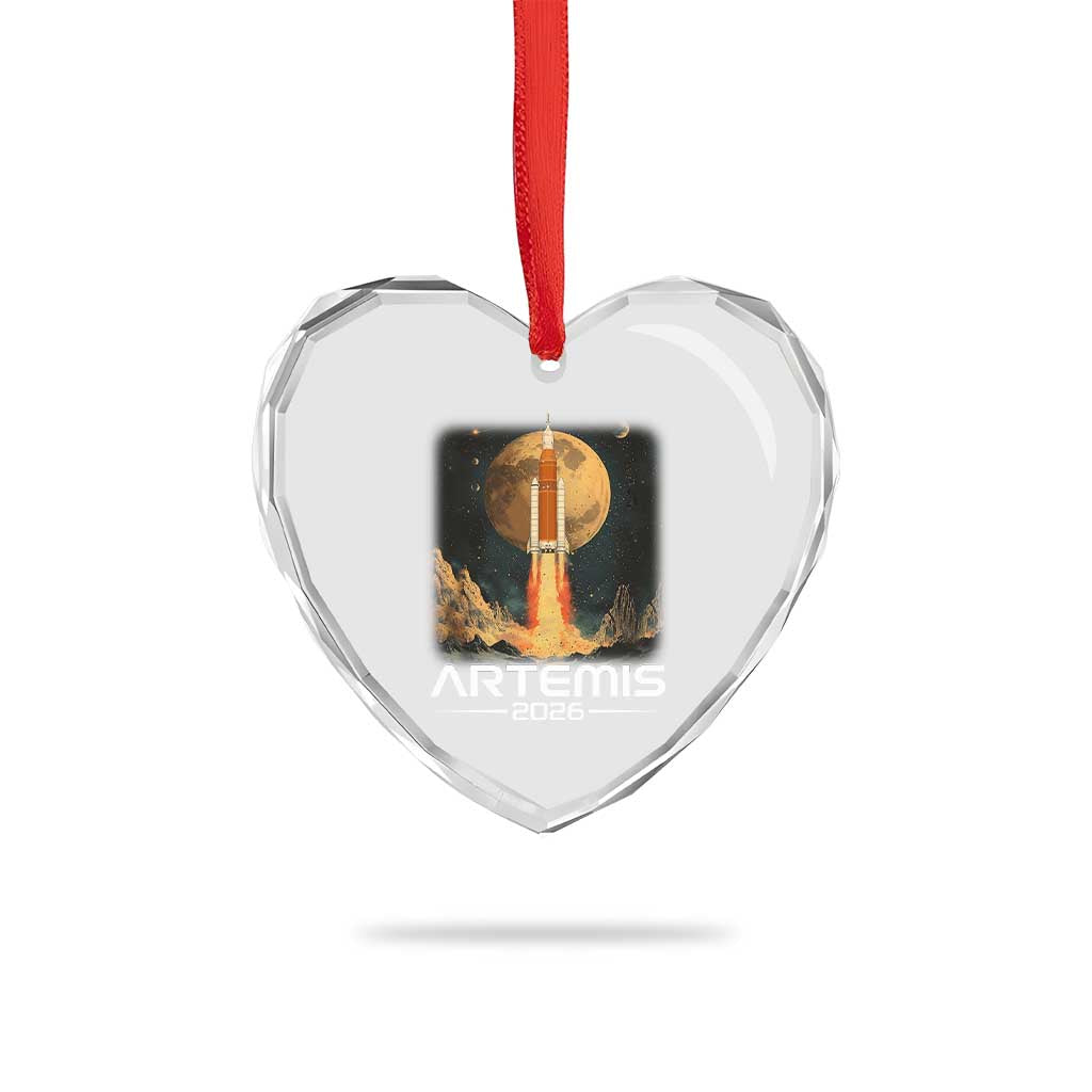 Launch To The Moon Mission Heart Crystal Glass Ornament