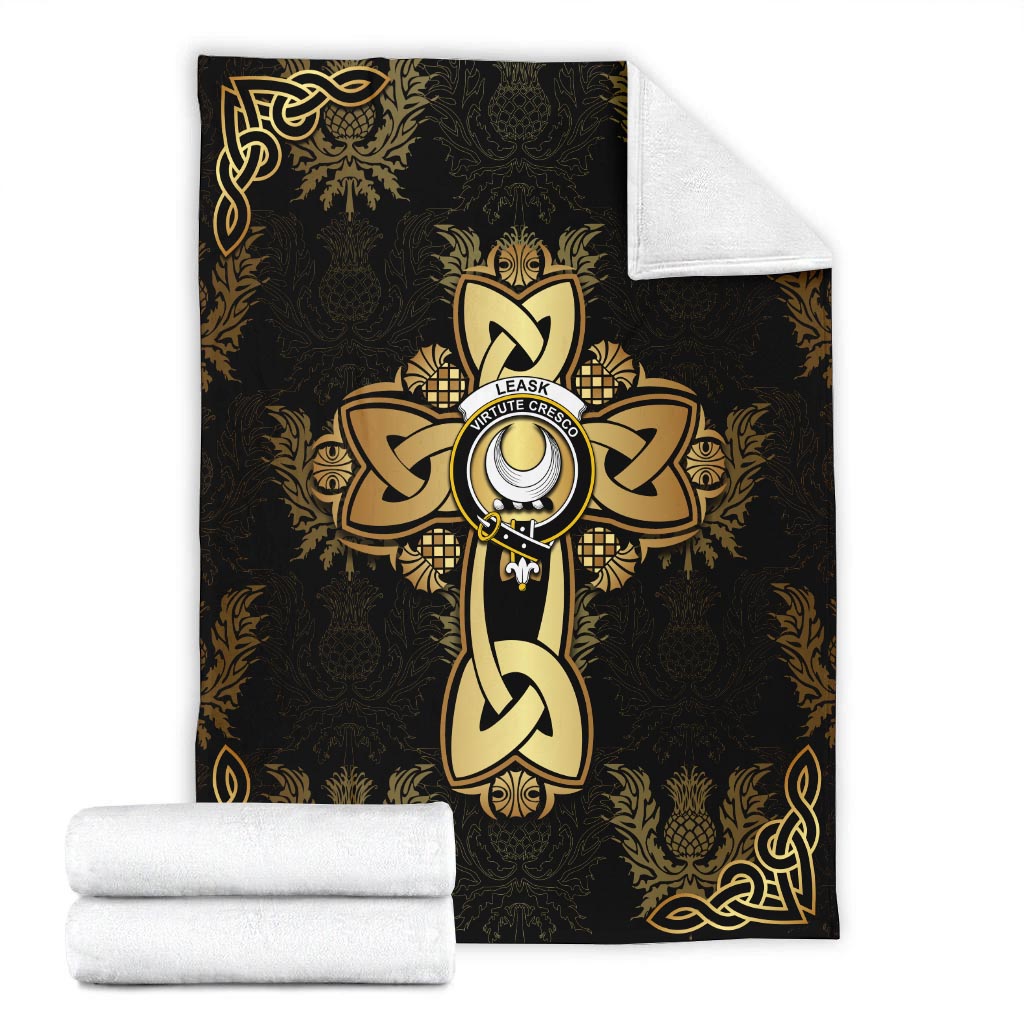 leask-clan-crest-golden-celtic-cross-thistle-style-blanket