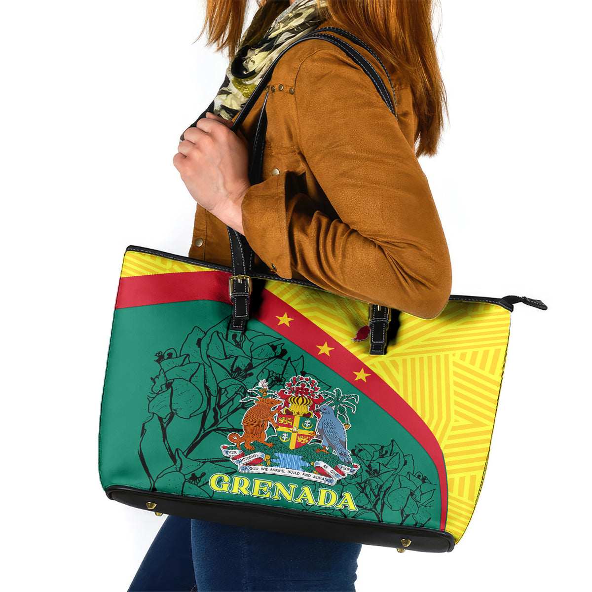 Grenada Leather Tote Bag Coat Of Arms With Bougainvillea Flowers - Wonder Print Shop