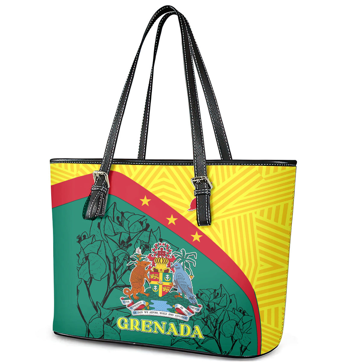 Grenada Leather Tote Bag Coat Of Arms With Bougainvillea Flowers - Wonder Print Shop