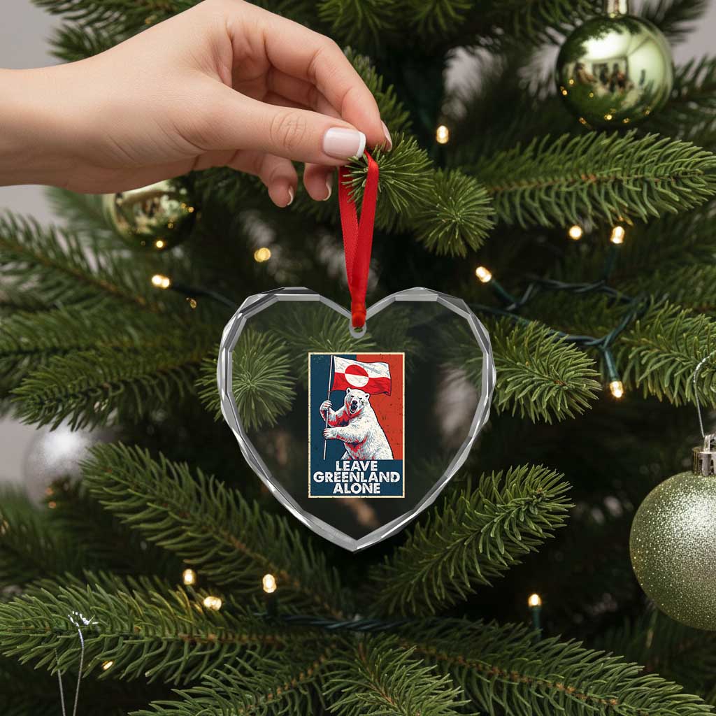 Leave Greenland Alone Heart Crystal Glass Ornament Polar Bear Holding Flag Greenlanders Supports