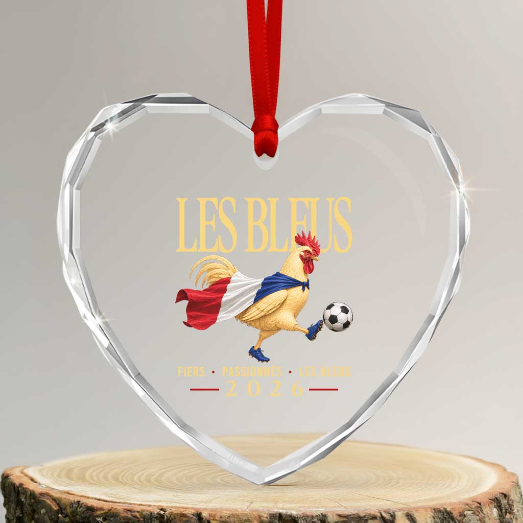 Les Bleus 2026 France Soccer Heart Crystal Glass Ornament Rooster Wearing French Flag Patriotic Football Fan Graphic