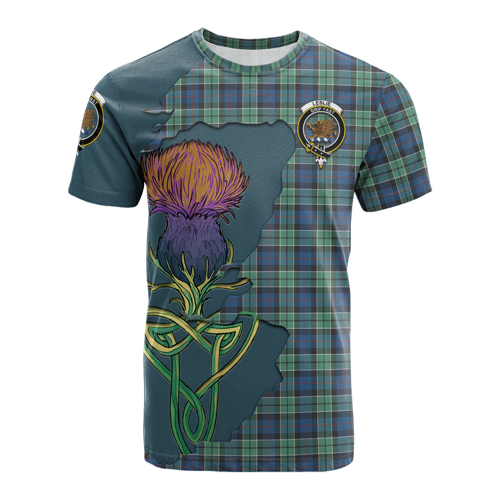 leslie-hunting-ancient-tartan-family-crest-t-shirt-tartan-plaid-with-thistle-and-scotland-map-t-shirt