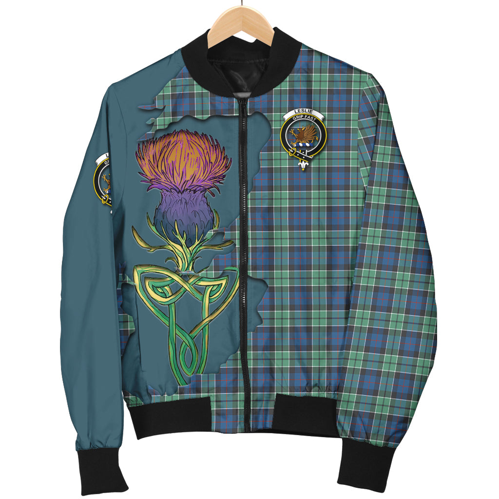 leslie-hunting-ancient-tartan-family-crest-bomber-jacket-tartan-plaid-with-thistle-and-scotland-map-jacket