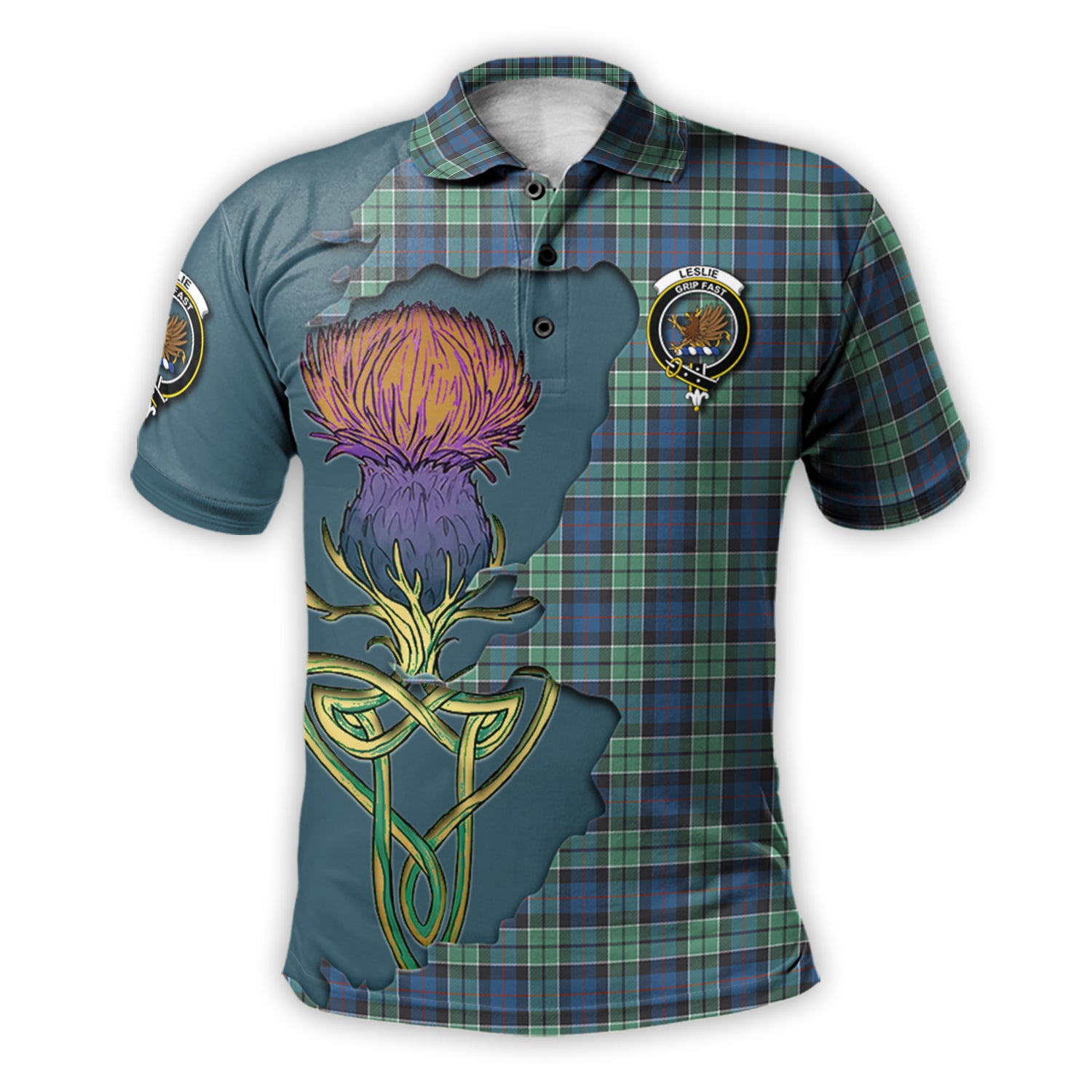 leslie-hunting-ancient-tartan-family-crest-polo-shirt-tartan-plaid-with-thistle-and-scotland-map-polo-shirt