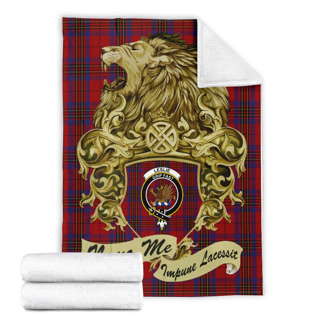 leslie-red-tartan-premium-blanket-motto-nemo-me-impune-lacessit-with-vintage-lion-family-crest-tartan-plaid-blanket-vintage-style
